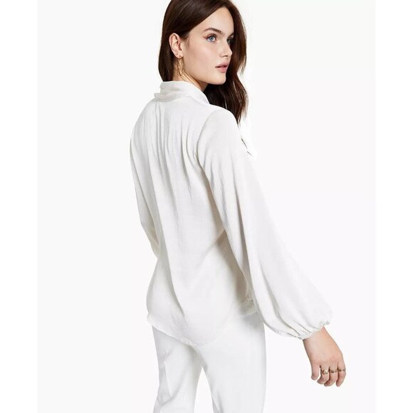 Bar III Tie Neck Cinched Sleeve Blouse Off-White XXS - Picture 2 of 3